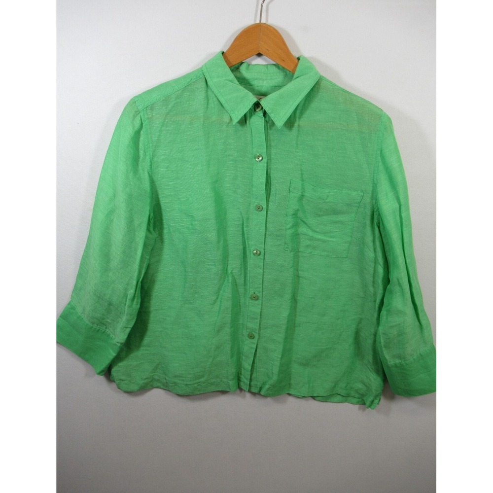 Coldwater Creek Linen Silk Button Up Shirt Women Petite PXL Green Lightweight